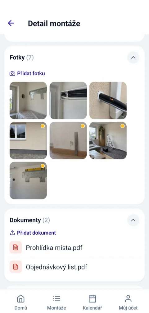 Fotky u montáže v mobilní aplikaci: galerie sedmi pořízených snímků a připojené dokumenty