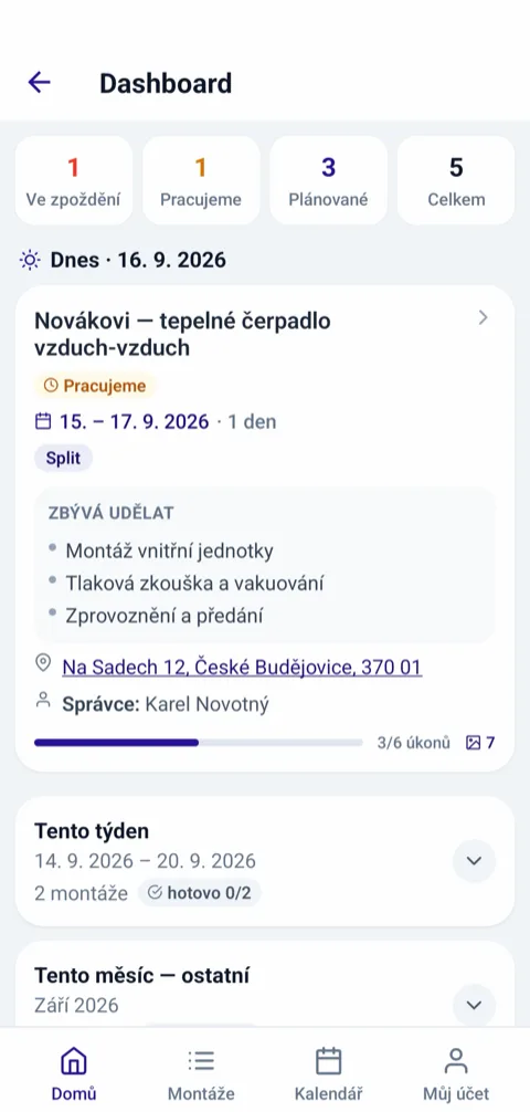 Úvodní obrazovka mobilní aplikace: počty montáží podle stavu a dnešní montáž s adresou, zbývajícími úkony a postupem 3 ze 6 úkonů